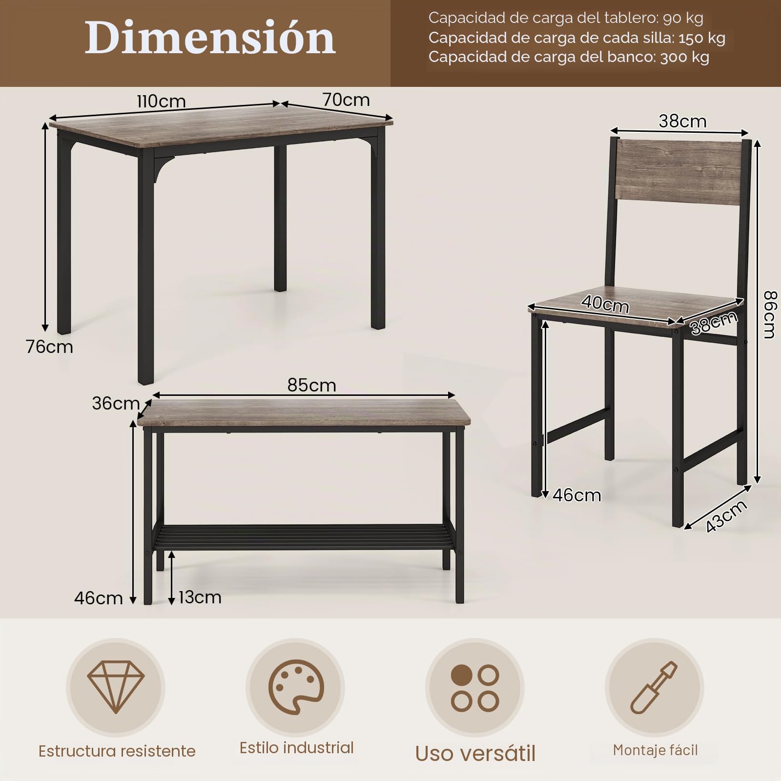 HOMASIS Juego de Mesa de Comedor 4 Piezas, con 2 sillas y 1 Banco, Juego de Comedor Industrial con Estructura de Metal y Estante de Almacenamiento, Juego de Mesa de Bar para Cocina, Comedor (Gris)