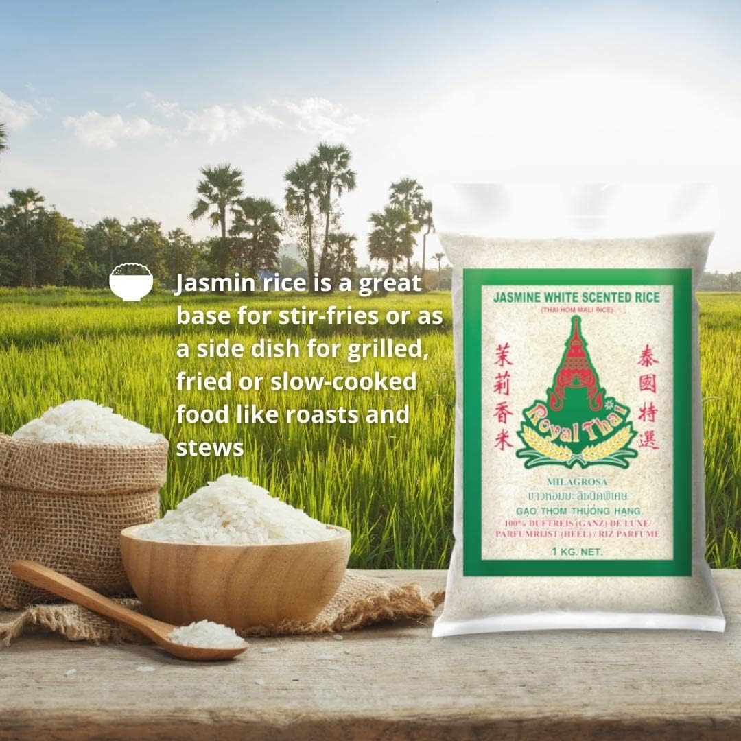 [ 10x 1kg ] ROYAL THAI Langkorn Duftreis (ganz) DE LUXE/Jasmin White Scented Rice + 1 Essstäbchen-Helfer