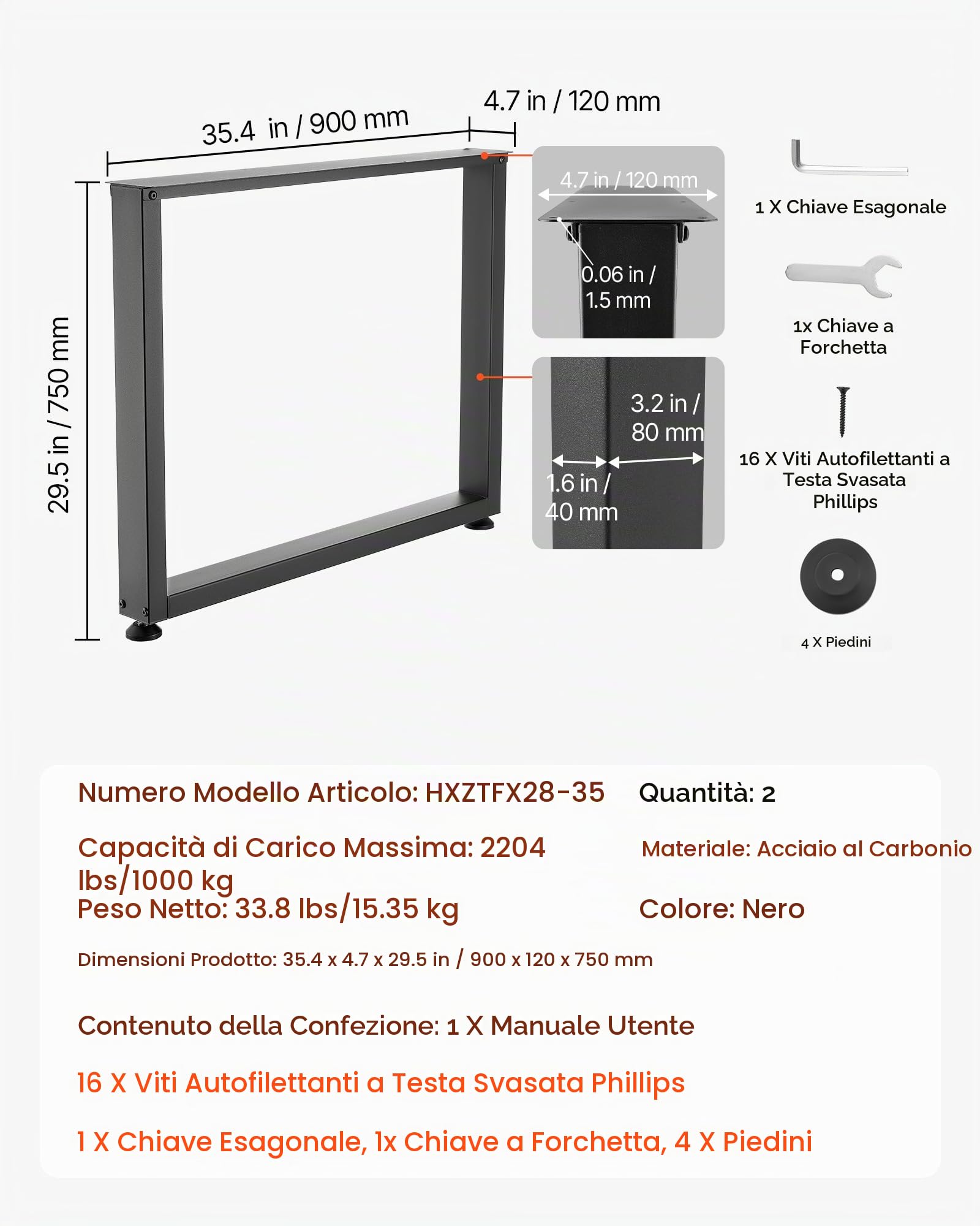 VEVOR Gambe per Tavolo in Acciaio, Gambe per Scrivania Smontabili, Design Modulare, Struttura Quadrata Stabile, Facile da Montare, Carico Max. 1000 kg, per Tavoli da Caffè, 75 x 90 cm, 2 Pezzi, Nero