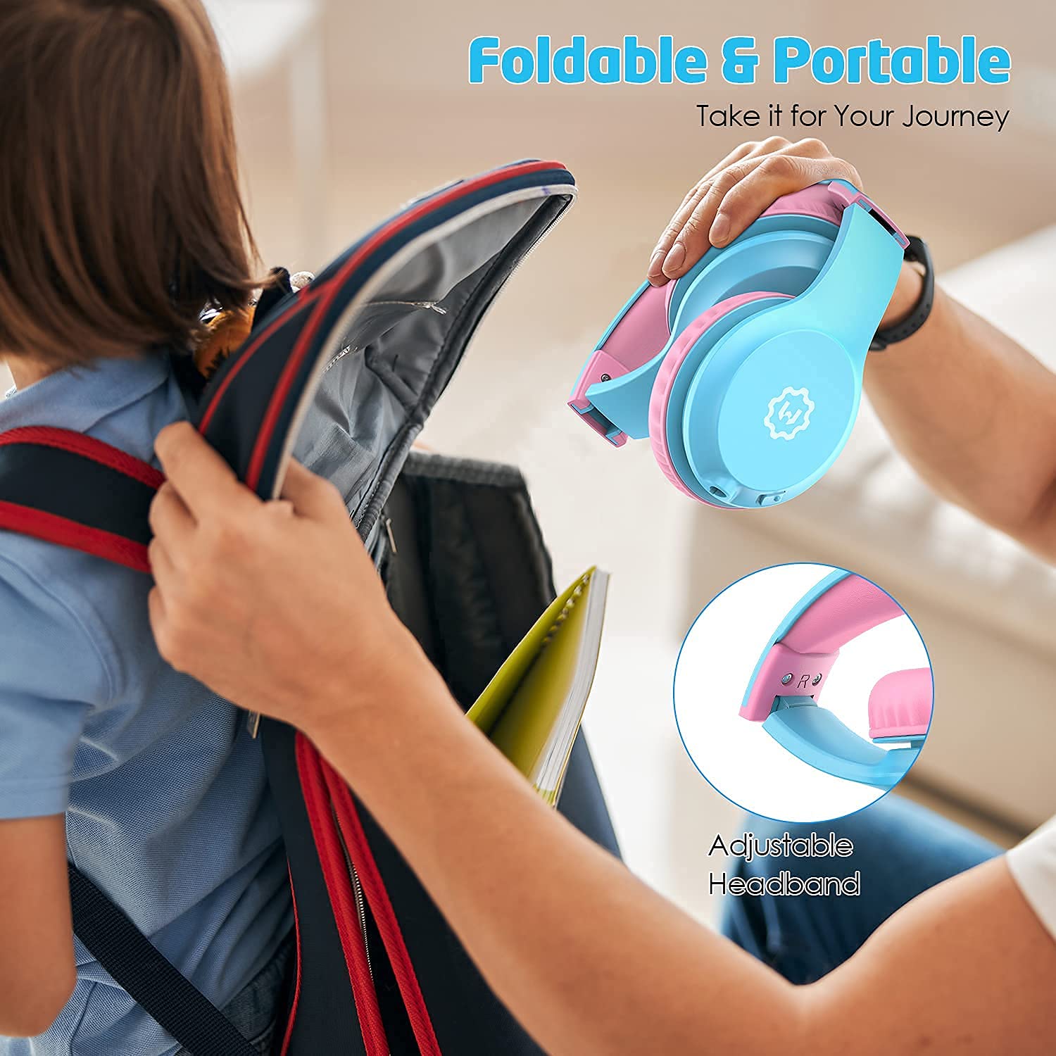 Cuffie per bambini, limitatore di volume 85/94 dB, cuffie sovrauricolari per ragazze e ragazzi, pieghevoli, con cavo, per iPad/tablet/viaggi, colore azzurro e rosa (nuovo microfono a collo