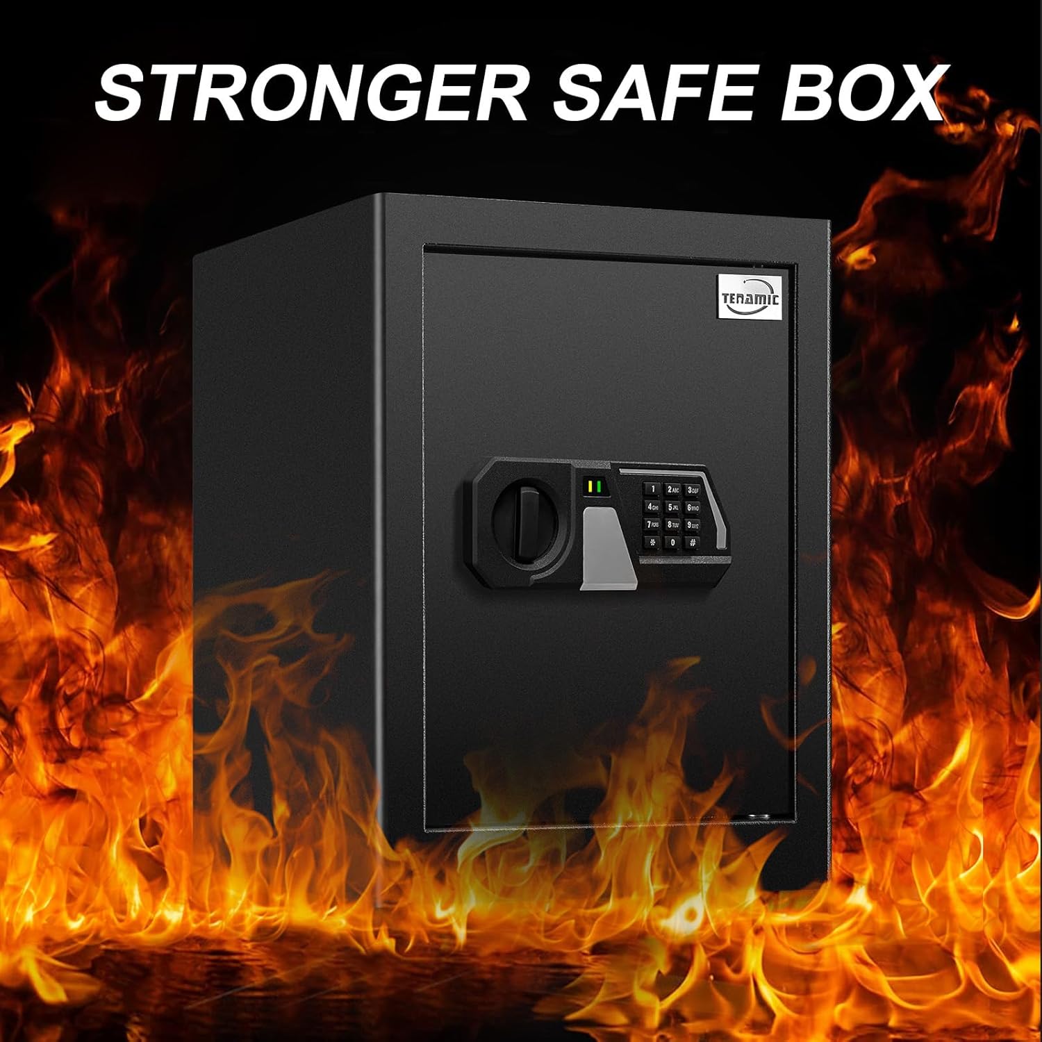 The Tenamic safe box surrounded by flames, emphasizing its strong construction.