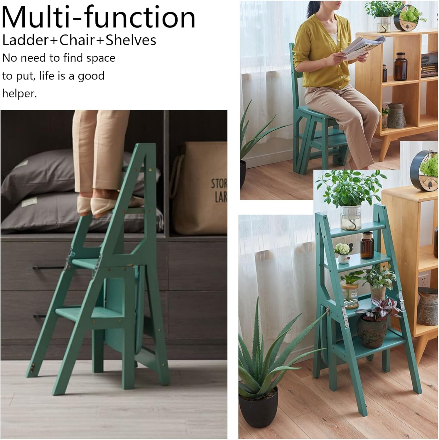 Conversion 4 Step Ladder Chair Wooden Ladder Stool, Wooden Folding Ladder and Chair Combination Multifunction Library Climb Ladder Plant Stand