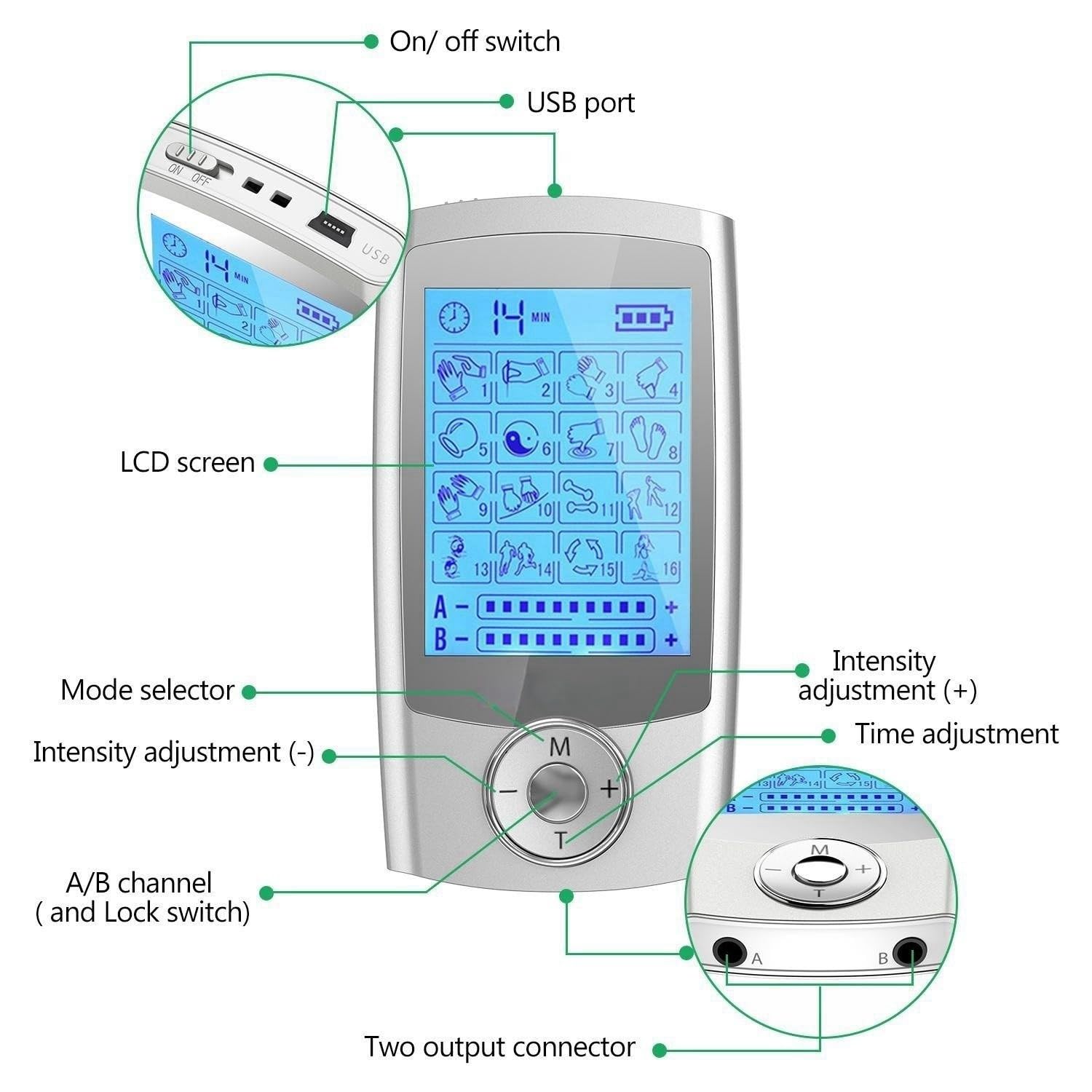 JUMPER TENS Professionale Elettrostimolatore Muscolare, Dispositivo di Terapia Ricaricabile, 16 Modalità di Dolore, 20 Livelli di Intensità per 2 Utenti, TENS per la Riduzione del Dolore (argento)