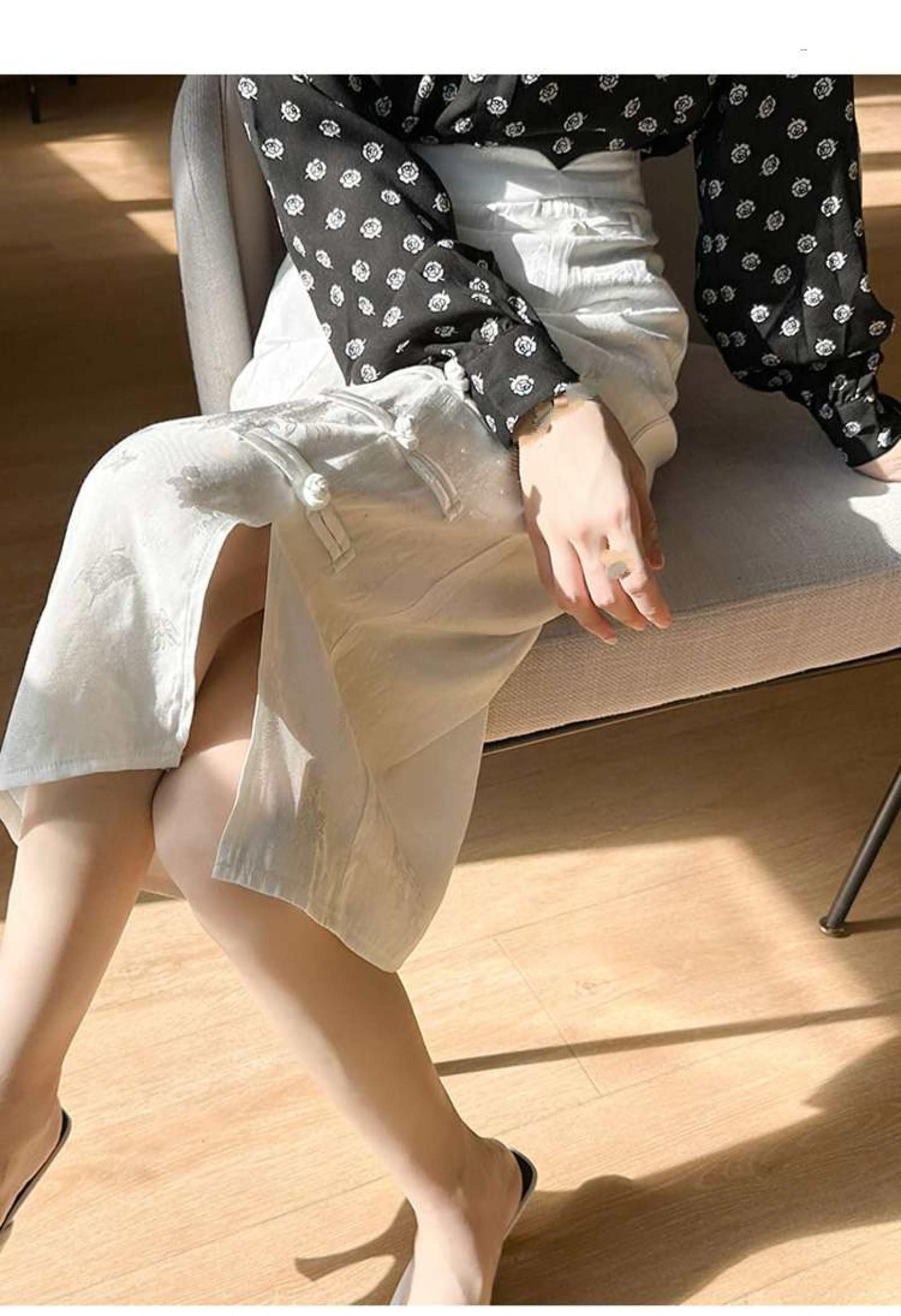 Jupe Droite en Satin De Soie pour Femme - Été Mi-Longue Taille Haute Jacquard Rétro Style Chinois Boucle Cheongsam Jupe Fendue À La Hanche, Jupe Drapée Souple Et Soyeuse À La Mode,Blan