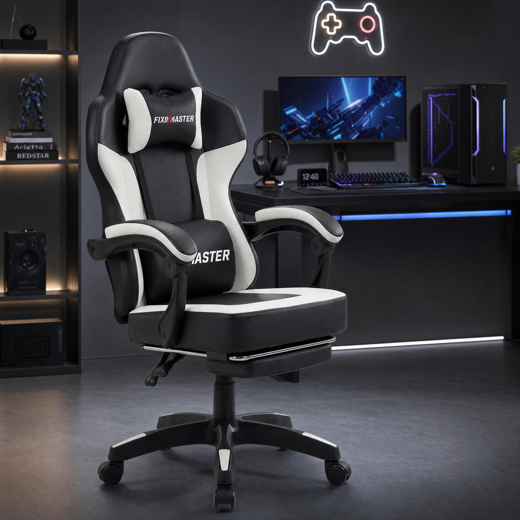 Silla de oficina ergonómica con reposapiés, silla de escritorio hasta 150 kg, silla de juegos de piel PVC, silla ergonómica giratoria para oficina en casa y gamer
