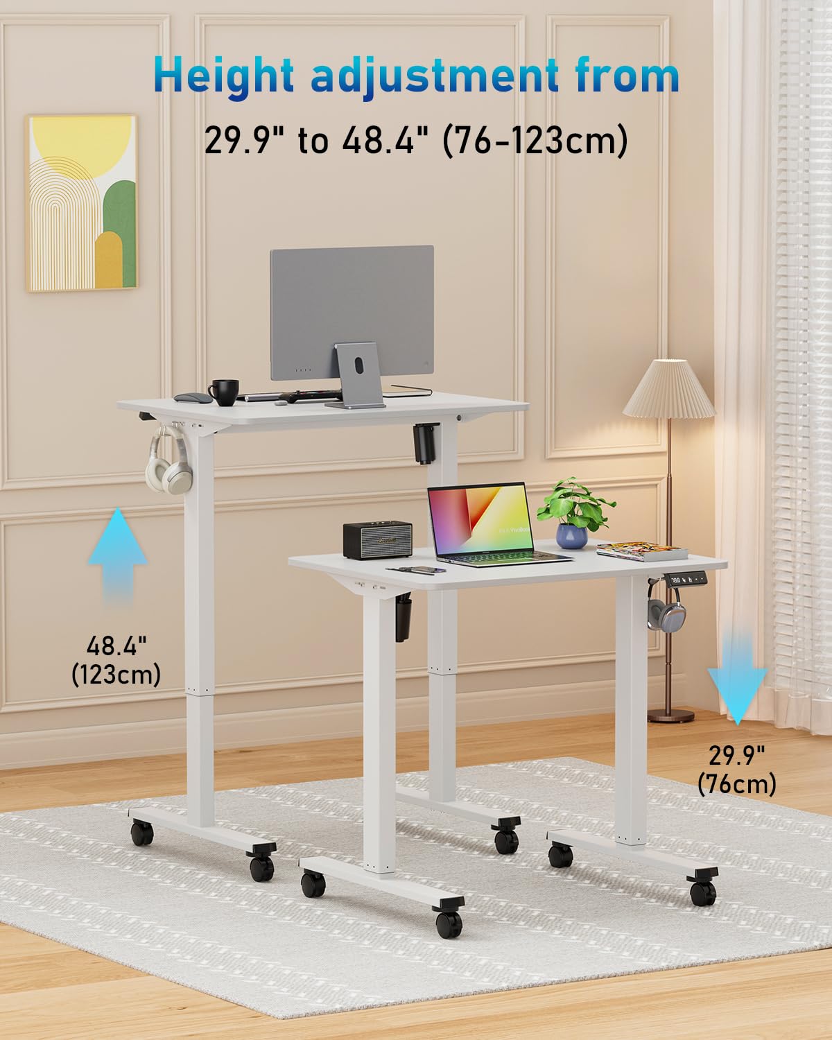 Höhenverstellbarer Schreibtisch, 80x60 cm, Hochwertige Tischplatte, elektrischer Schreibtisch höhenverstellbar, Computertisch mit Memory Funktion, Weiß