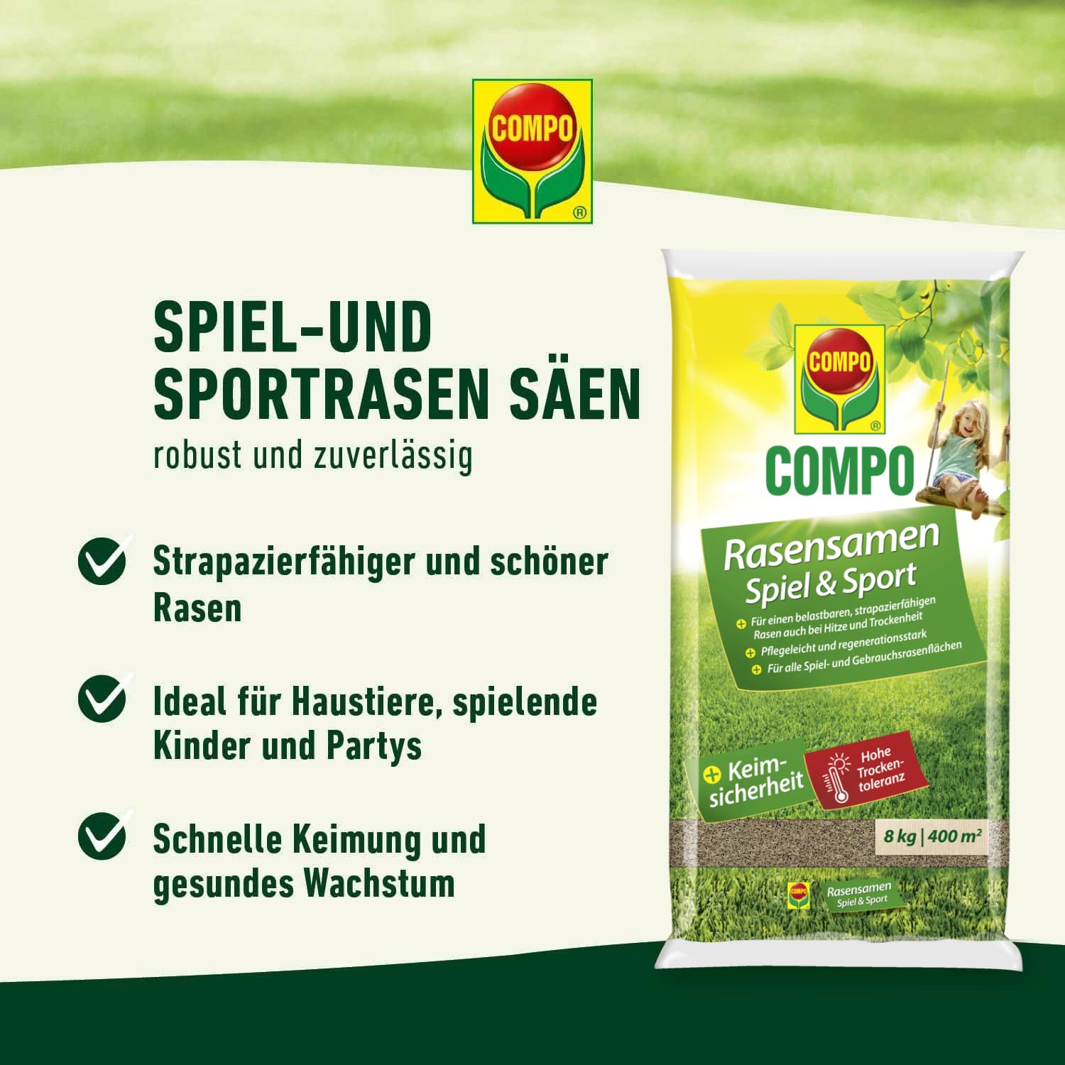 Compo Rasensaat Spiel und Sport, Universelle Rasenmischung, 8 kg, 400 m²