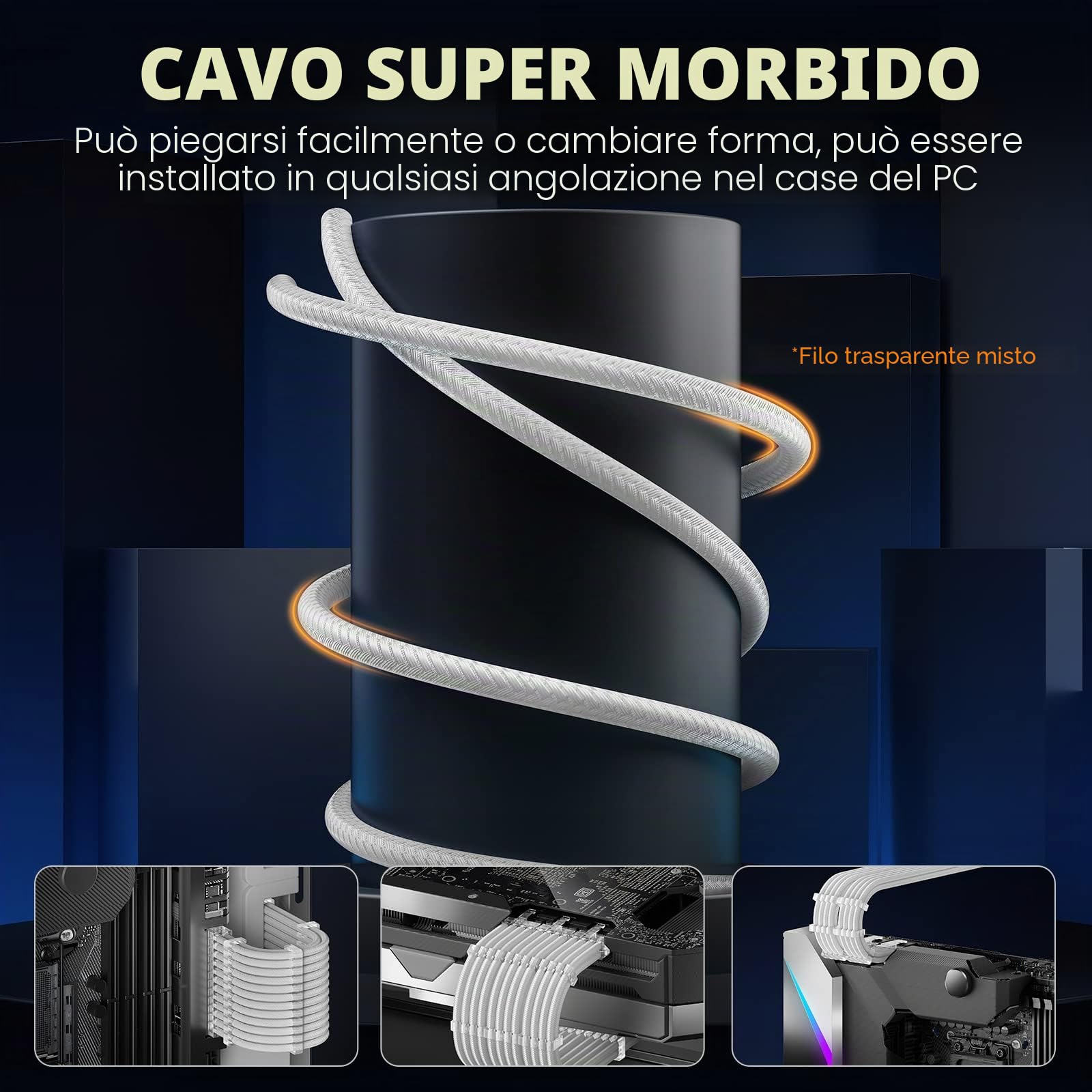 AsiaHorse Cavo di prolunga di alimentazione da 16 AWG con spina trasparente, 1 x 24 pin M/B/2 x 8 pin (4 + 4) EPS, 3 x 8 pin (6 + 2) PCI-E 30 cm bianco