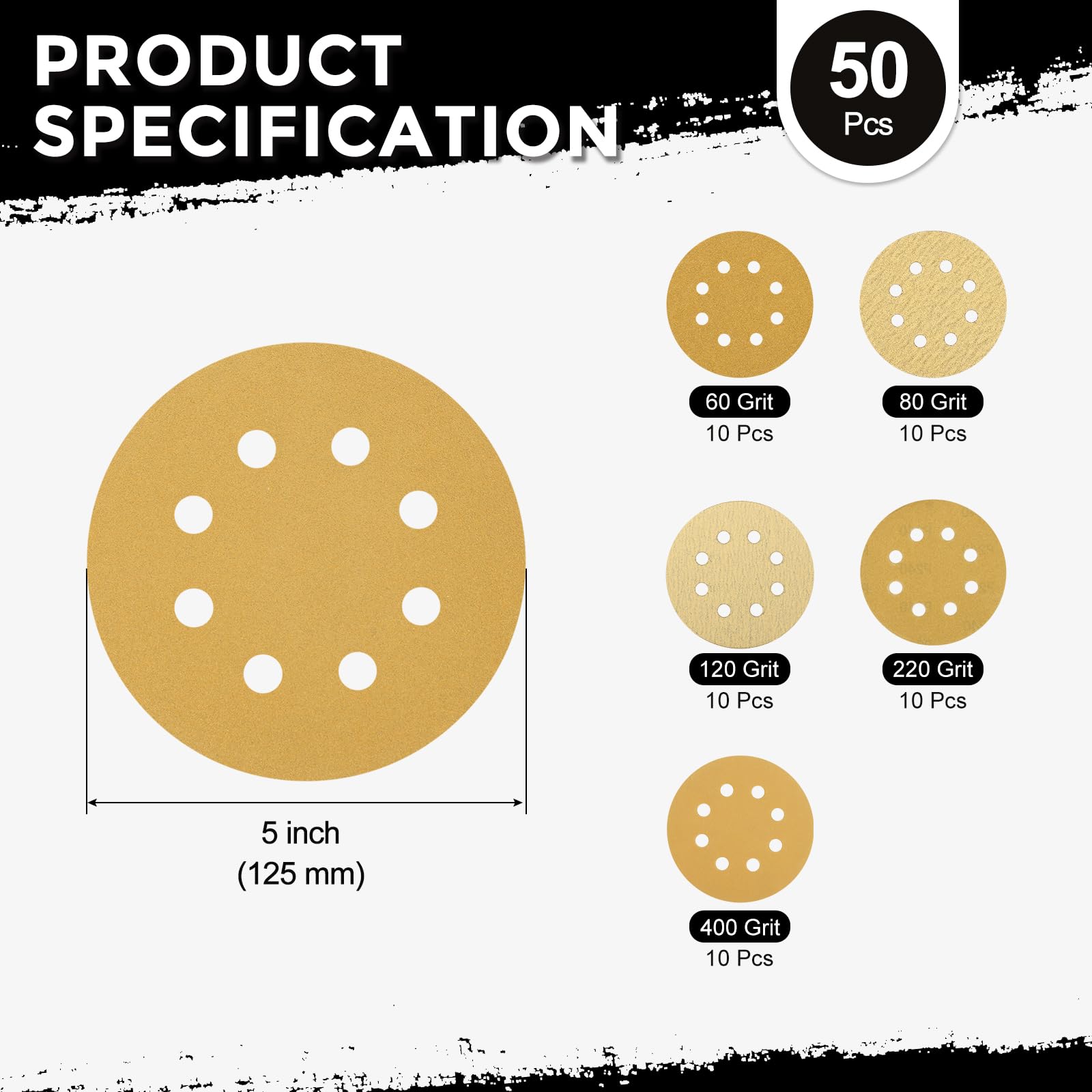 Kozelo 50 Pack Sanding Disc Kit 125mm 5 Inch 60/80/120/220/400 Grit 8 Hole Hook and Loop Random Orbital Sandpaper for Drywall Sander Wood Metal - Image 2