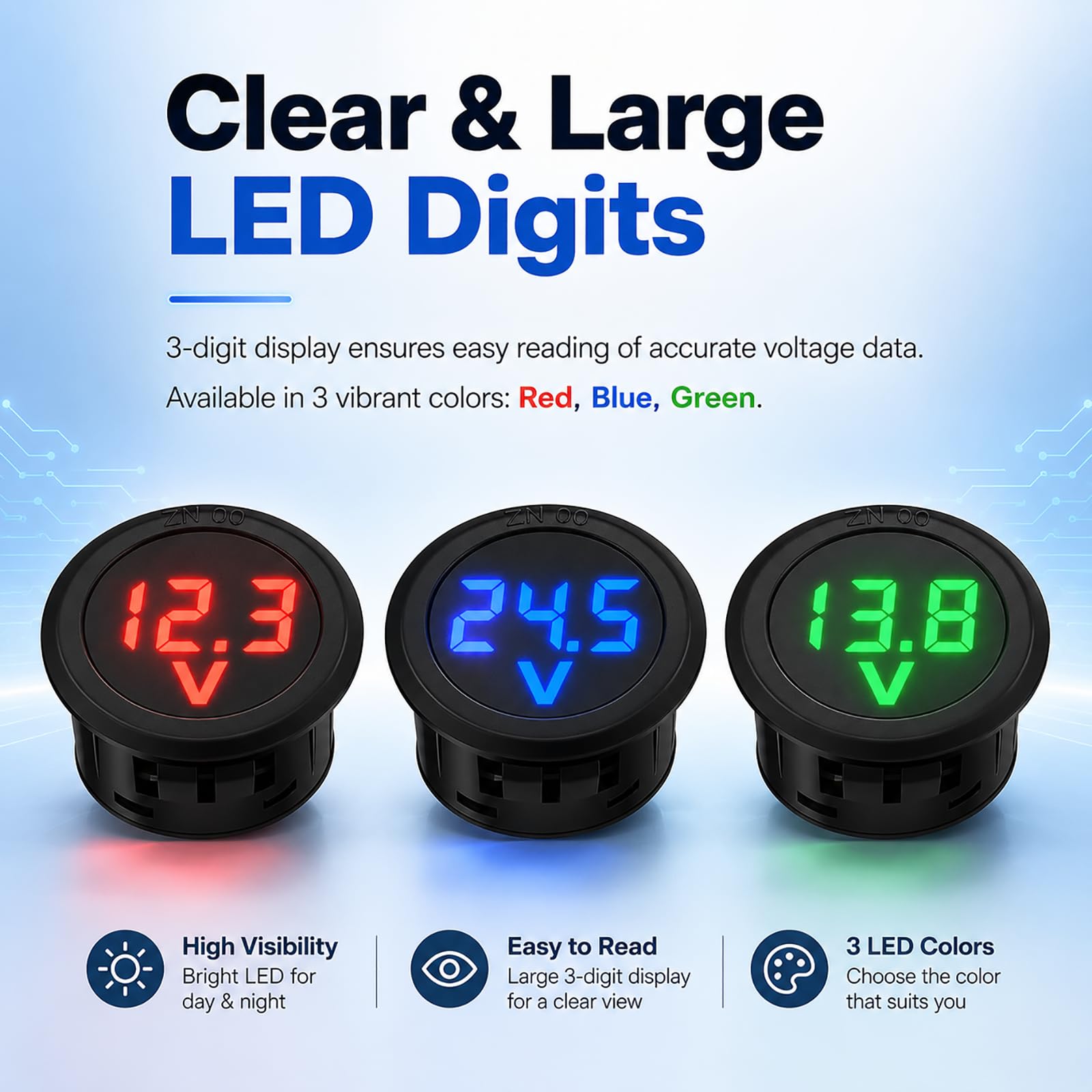 3-teiliges digitales Voltmeter DC 4 100 V, LED-Voltmeter, rund, Spannungsanzeige, rot, blau, grün, für Auto, Motorrad, Wohnmobil, Boot, Solarsystem, Armaturenbrett und DIY-Elektronik-Projekt
