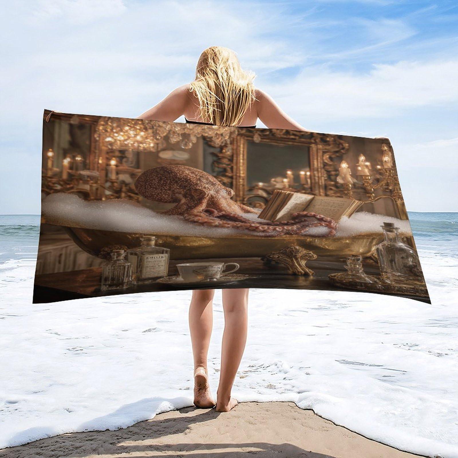Luyysky Vintage Fantasy Elegant Octopus Quick-Drying Beach Towel, Classic Mid Century Bathroom Art Sea Animals Octopus Book Travel Vacation Single Sided Pile Bathroom Towels-80 W Cm X 160" L Cm