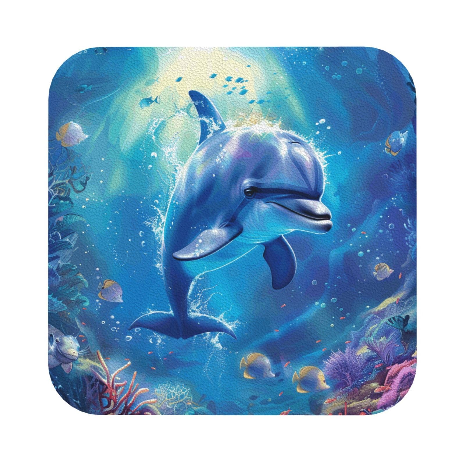 cute Dolphin Print Leather Coaster Set of 6, Square Coasters Table Decorative Coffee Cup Beverage Coasters Wine Beer Bar Coasters for Hot Drinks Table Protection