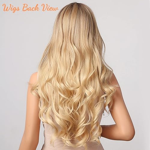 Miniatura 9 de Honygebia Peluca rubia con parte media  Pelucas rubias largas onduladas con raíces oscuras para mujer, cabello sintético rizado, resistente al