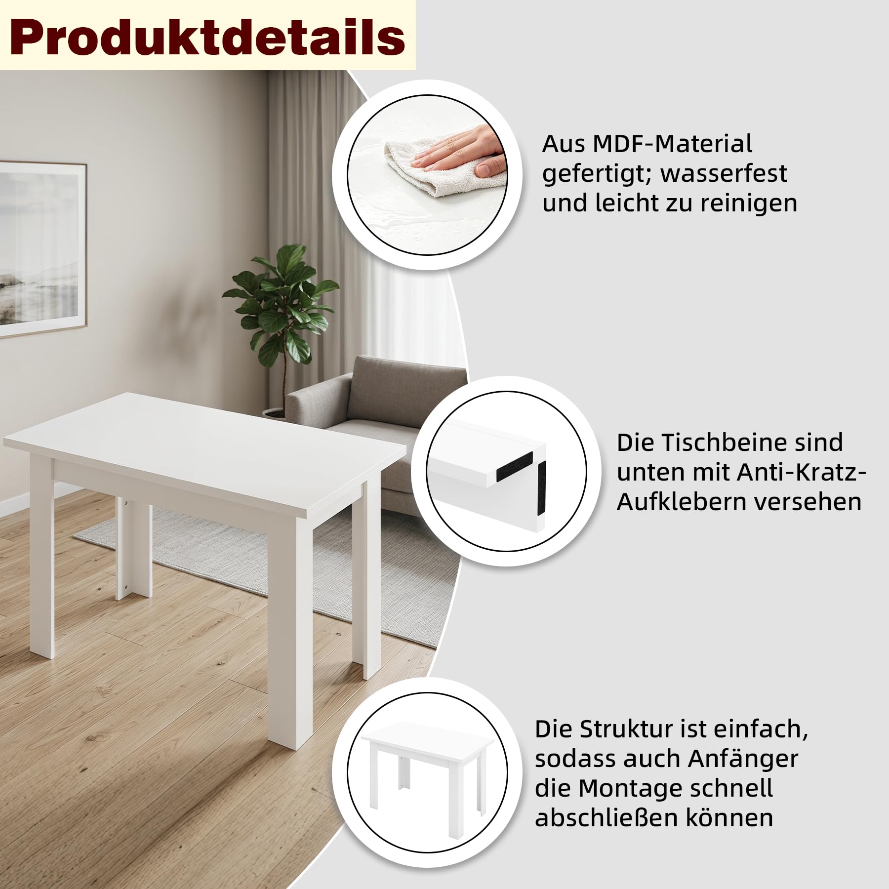 1 Stück Esstisch Weiss mit 2 Verstecktem Stauraum, Moderner Küchentisch Platzsparend Essen Tisch Esszimmer Multifunktional Tische als Schreibtisch/Kaffeetisch/Balkontisch/Gartentisch/Weiß/120x70x75CM