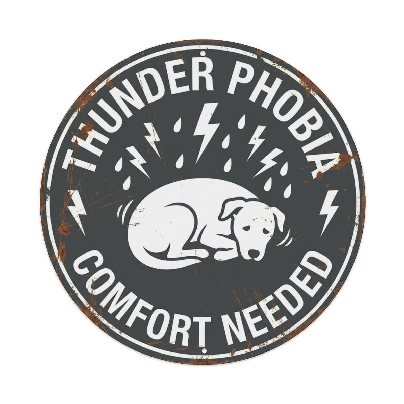 Dog Thunder Fear Warning Round Wall Hanging Metal Tin Sign