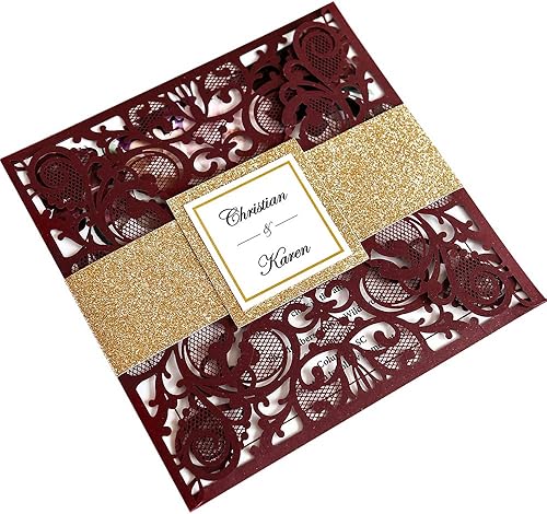 Tarjetas de invitaciones de boda cuadradas de 6.3 x 6.3 pulgadas, corte calado mediante láser, diseño floral, con banda dorada y sobres blancos para