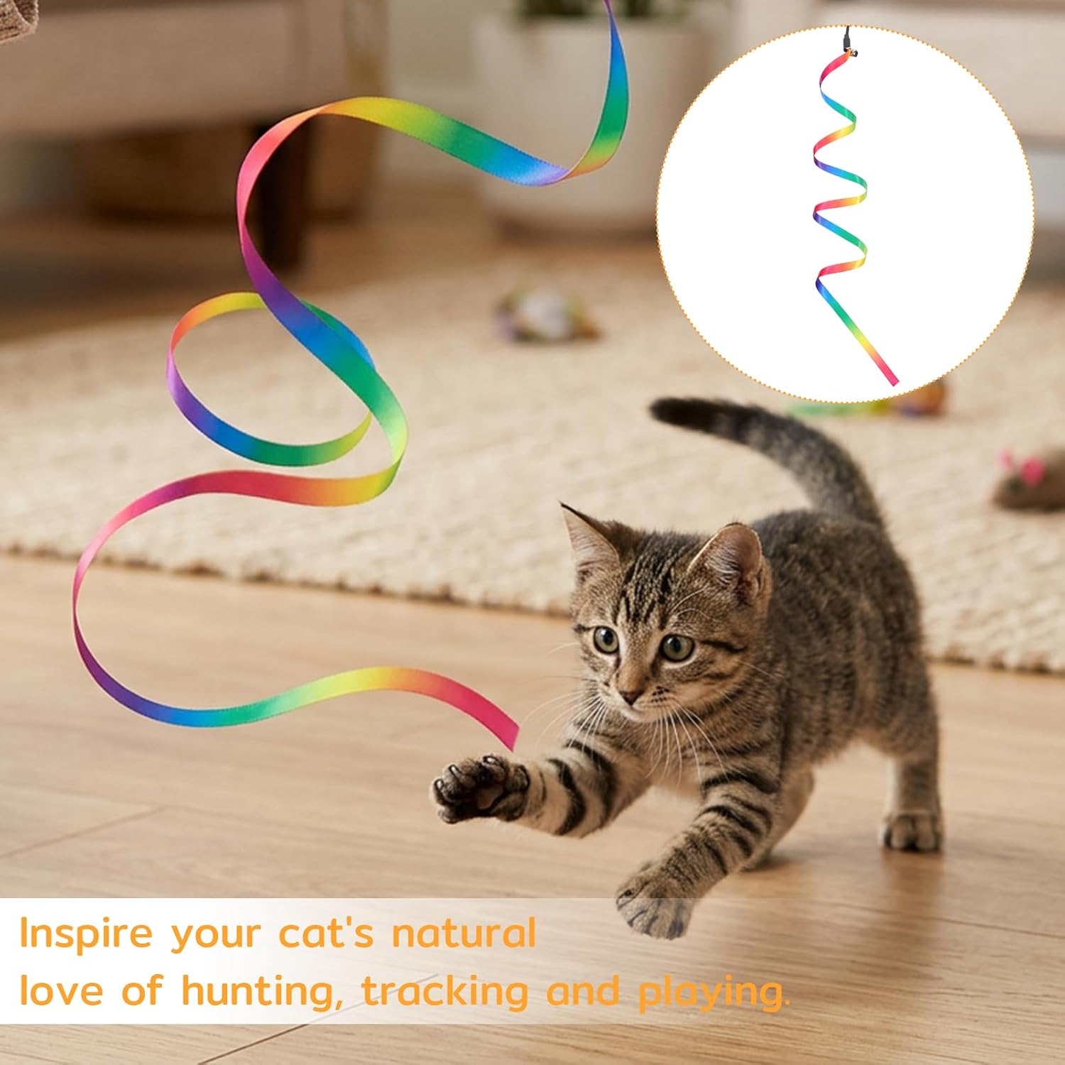 5 PCS Cat Rainbow Ribbon Toy, Detachable Cats Toy Wand Replacement Extended Cat Toys Attachments with Bell for Cats Kittens Small Pets Indoor Outdoor Exercise Play image 3