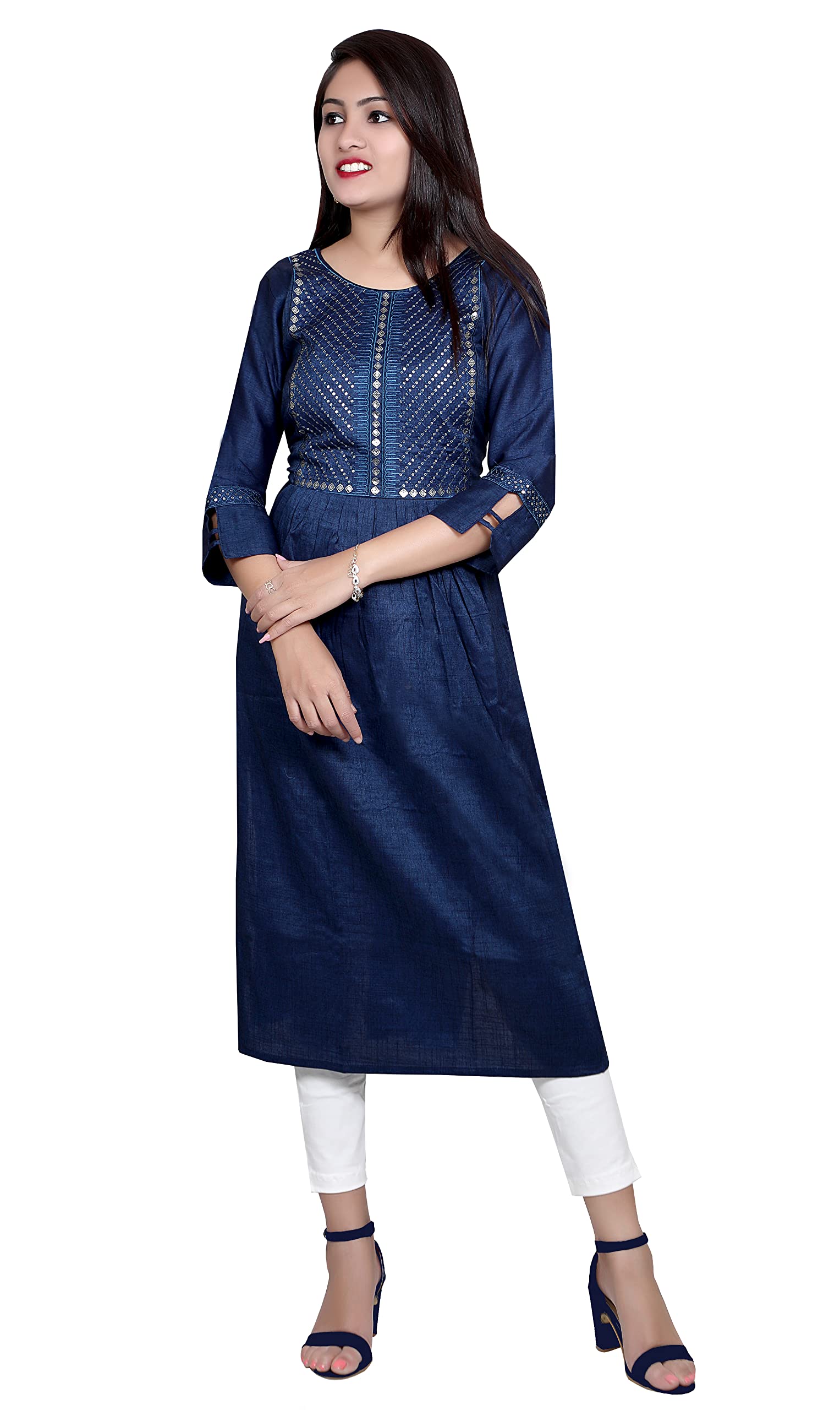 AJ CREATIONCharm Mode Women's Designer Embroidery Naira Cut Blue Kurti Kurta AJK206