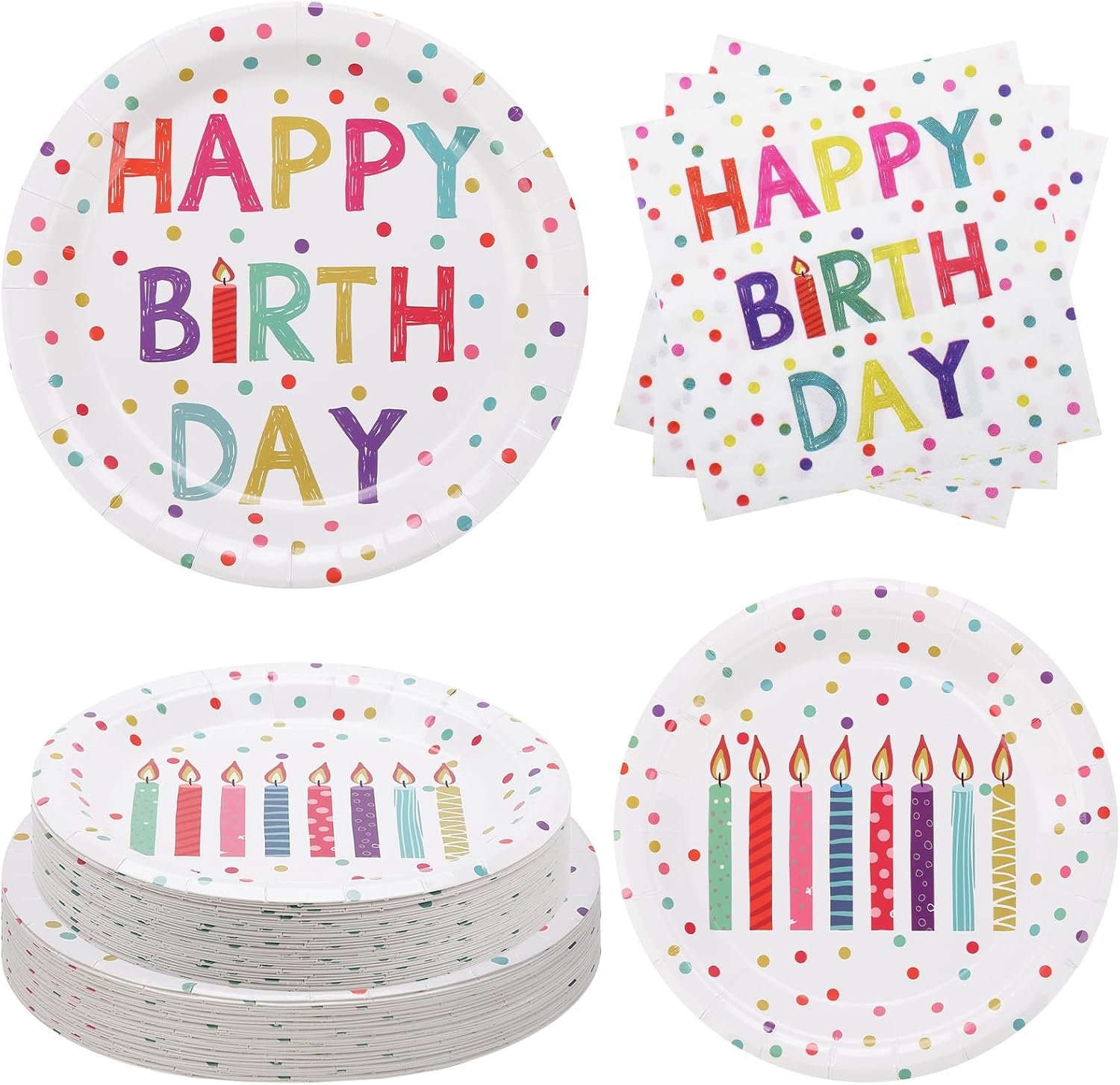 60PCS Birthday Plates and Napkins Set,Serve 20 | Rainbow Dot Party Supplies,Disposable Tableware,for Boys Girls Birthday Decorations.