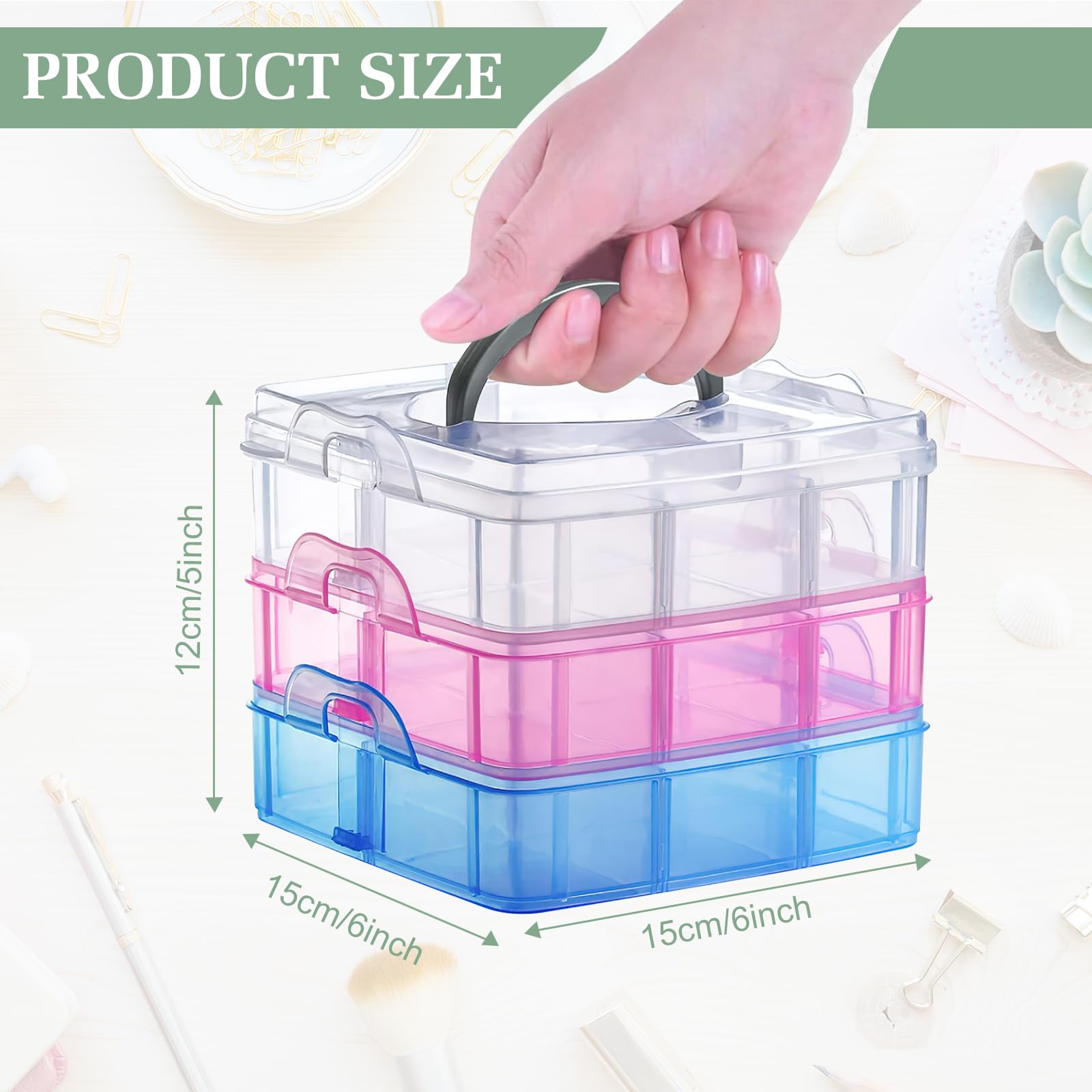 3-Tier Craft Storage Box, Adjustable Storage Box with 18 Compartments, Plastic Detachable Storage Space Box - Image 2