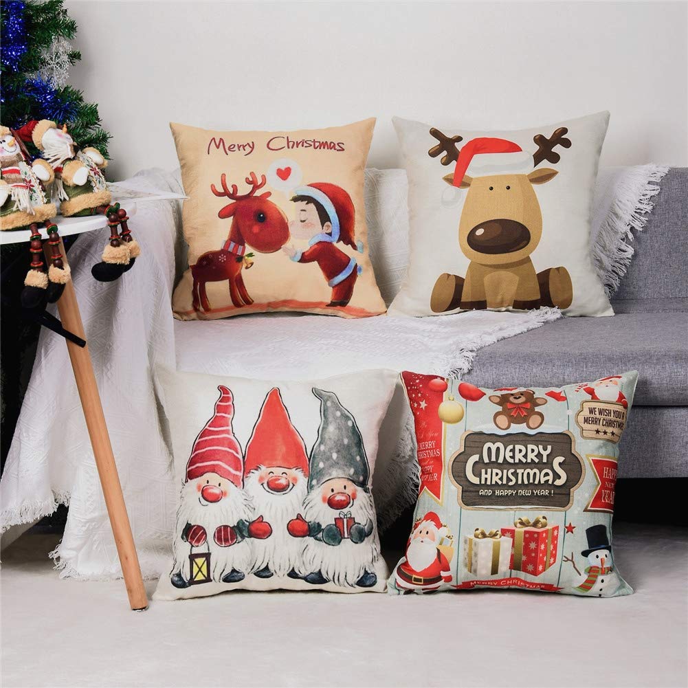 Gspirit Buon Natale bellissimo Babbo alce 4 Pack Cuscini per divani Decorativo Cotone Biancheria Cuscino copricuscini Divano Caso Federa per Cuscino