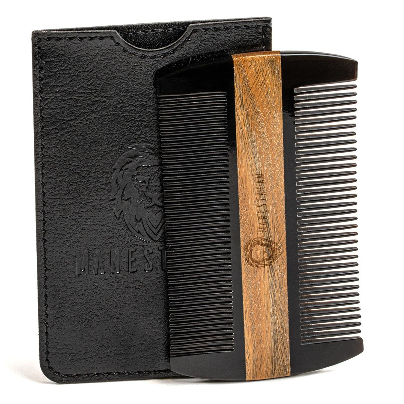 Premium Natural Ox horn and Sandalwood Beard Comb Dual-Action, Black Sleeve