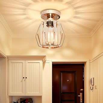 Hallway Ceiling Lights Crystal Lighting, Gold Samll Chandelier Modern Semi Flush Mount Ceiling Light Fitting for Entryway, Hall, Kitchen, Entrance, Bathroom [Energy Class A+++]