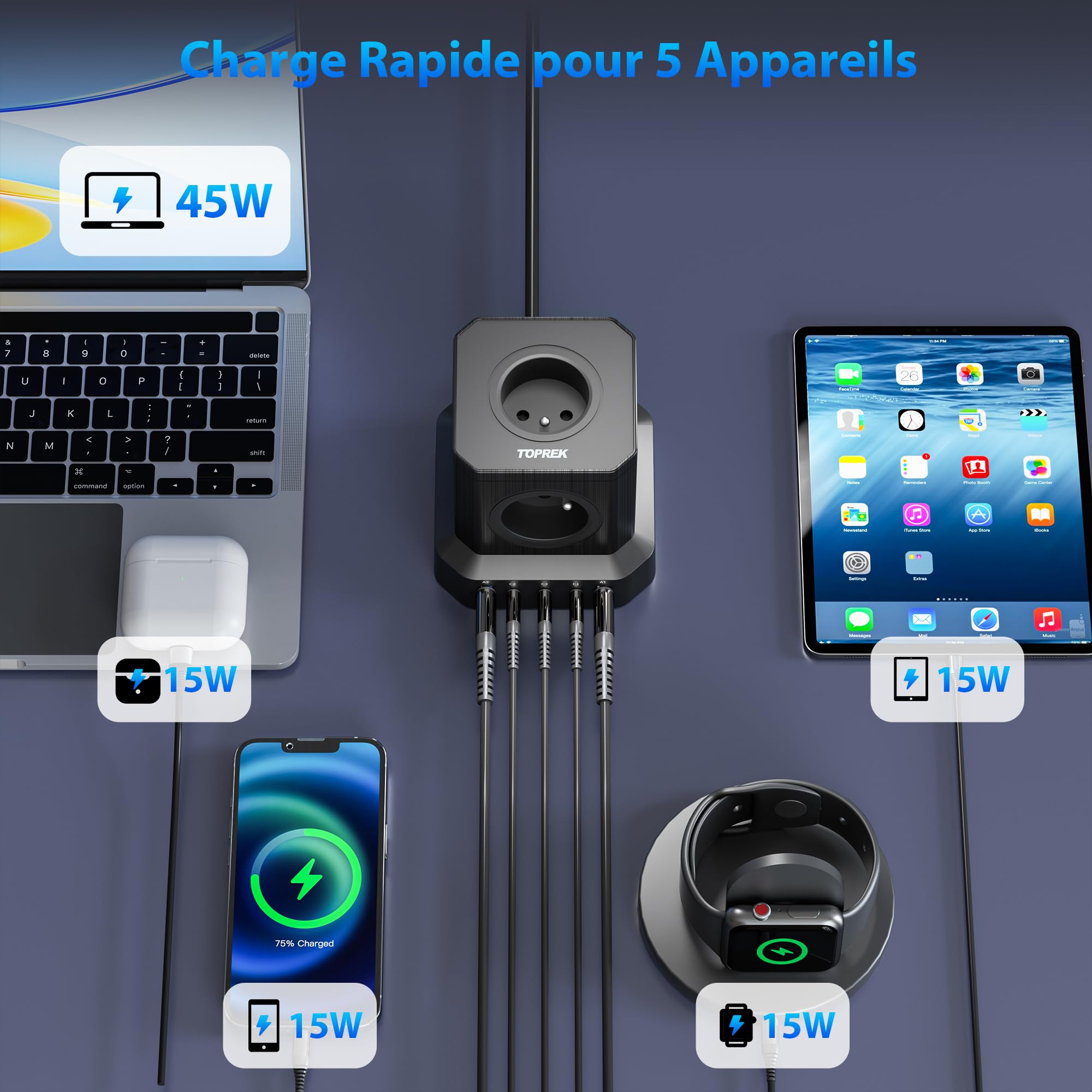 65W PD3.0 USB-C Mehrfachsteckdose, TOPREK 5 Wege Verlängerungskabel (16A/4000W) mit Mehrfachsteckdose und Kindersicherung, 2m, Verlängerungskabel für Zuhause, Wohnheim, Büro, Reisen