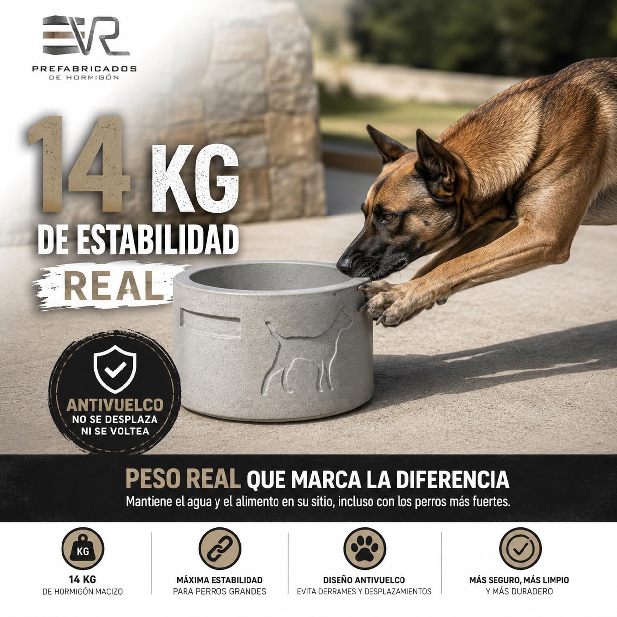VR Prefabricados Comedero y Bebedero de Hormigón Antivuelco para Perros | Antimordeduras | Resistente para Exterior | Fabricado en España | Diseño Premium | Terminado a Mano.