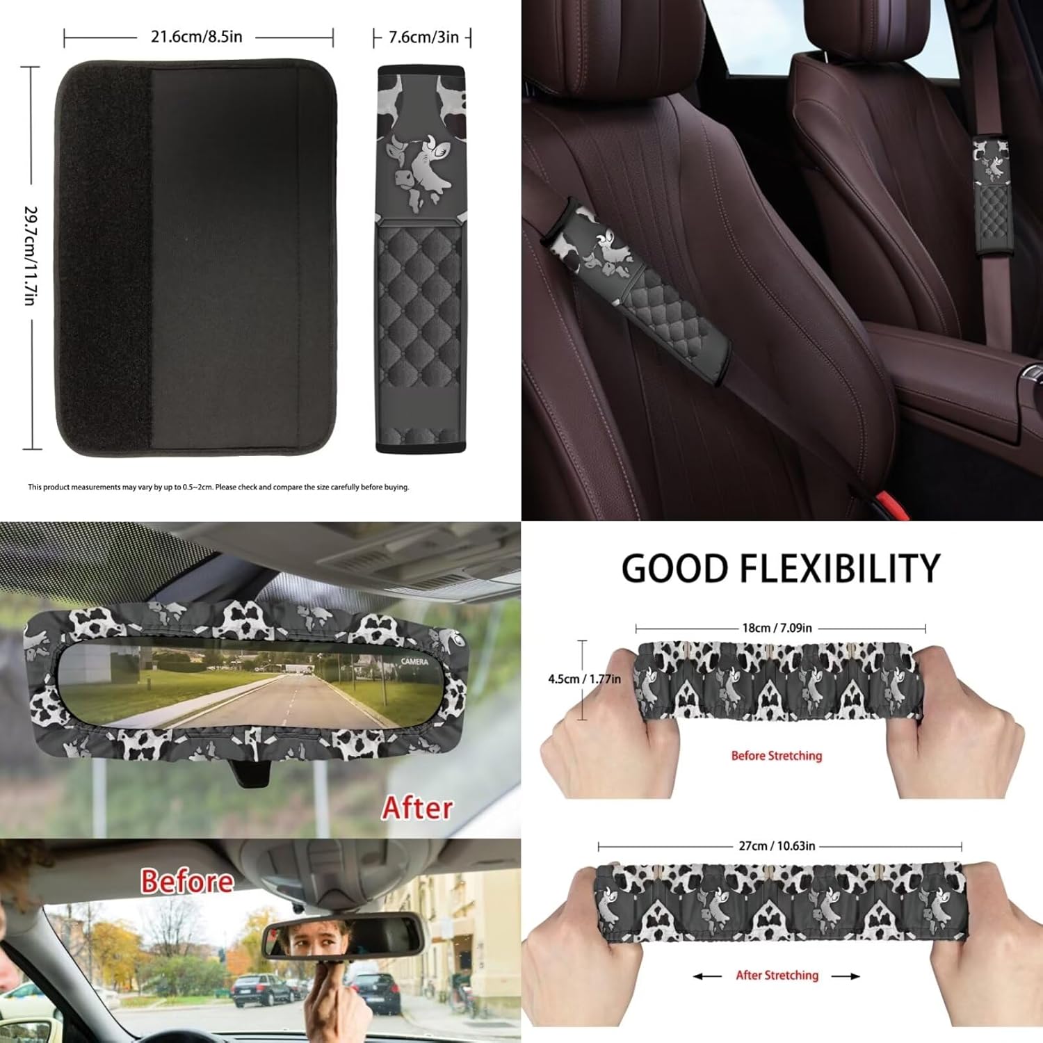 Suobstales Cow Print Car Seat Cover Interior Accessories Set of 13, Steering Wheel Covers, Car Trash Can, Seatbelt Cover, Coasters, Keychains, Rearview Mirror Cover Universal Fit Truck SUV Sedan