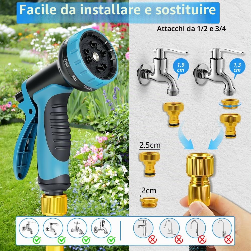 Tubo Acqua Giardino Estensibile 30m /100ft, con 10 Modalità di Spruzzo