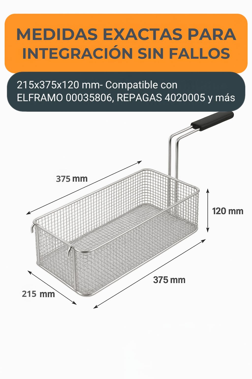 RO Linea Blanca ® Cesta Freidora Industrial Compatible Con Elframo Repagas Acero Inoxidable Mango Fijo Alto Medidas 215x375x120mm Repuesto Profesional Fritura Profunda Hosteleria Universal