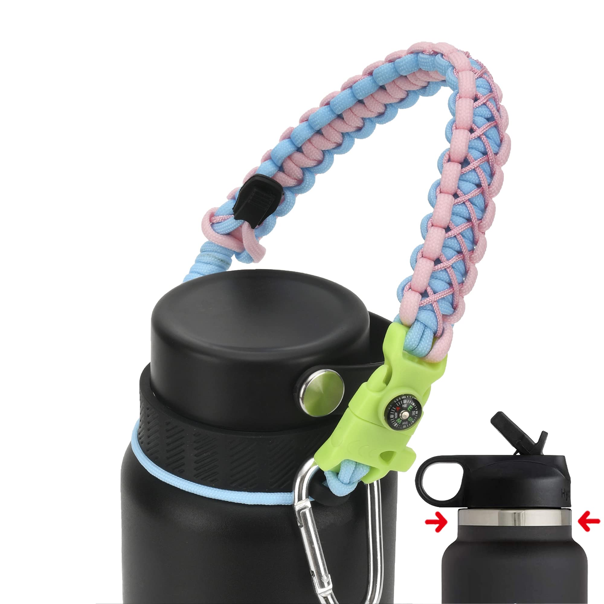 QeeCord 2.0 Paracord Handle for Hydroflask 2.0 Wide & Standard Mouth Water Bottles Strap Carrier with New Safety Ring Holder, 12oz - 64oz