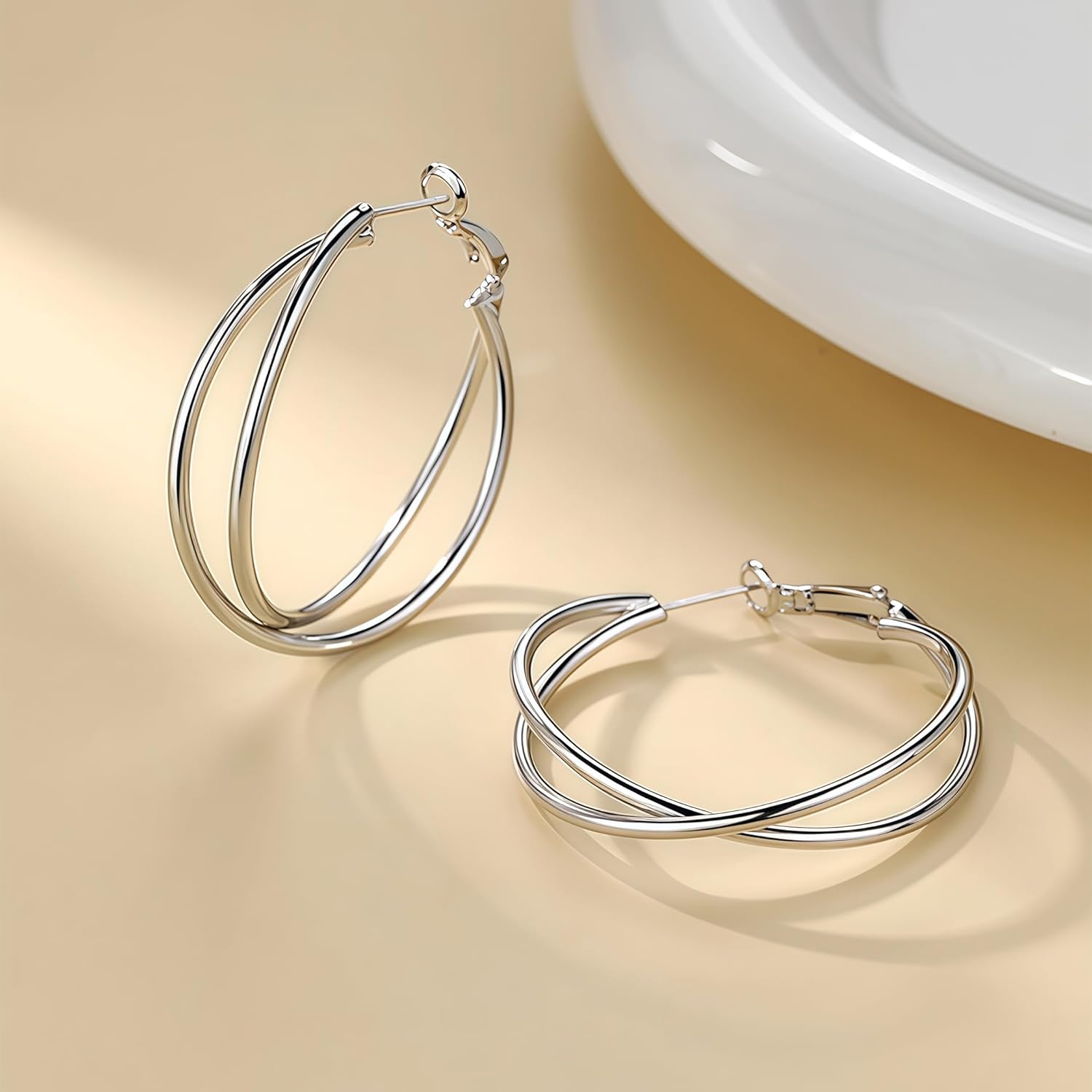 Double Layer Silver Hoop Earrings for Women 18K White Gold Plated 40mm Chunky Big Hoops Hypoallergenic 925 Sterling Silver Posts Nickel Free Lightweight Trendy Jewelry - Image 6