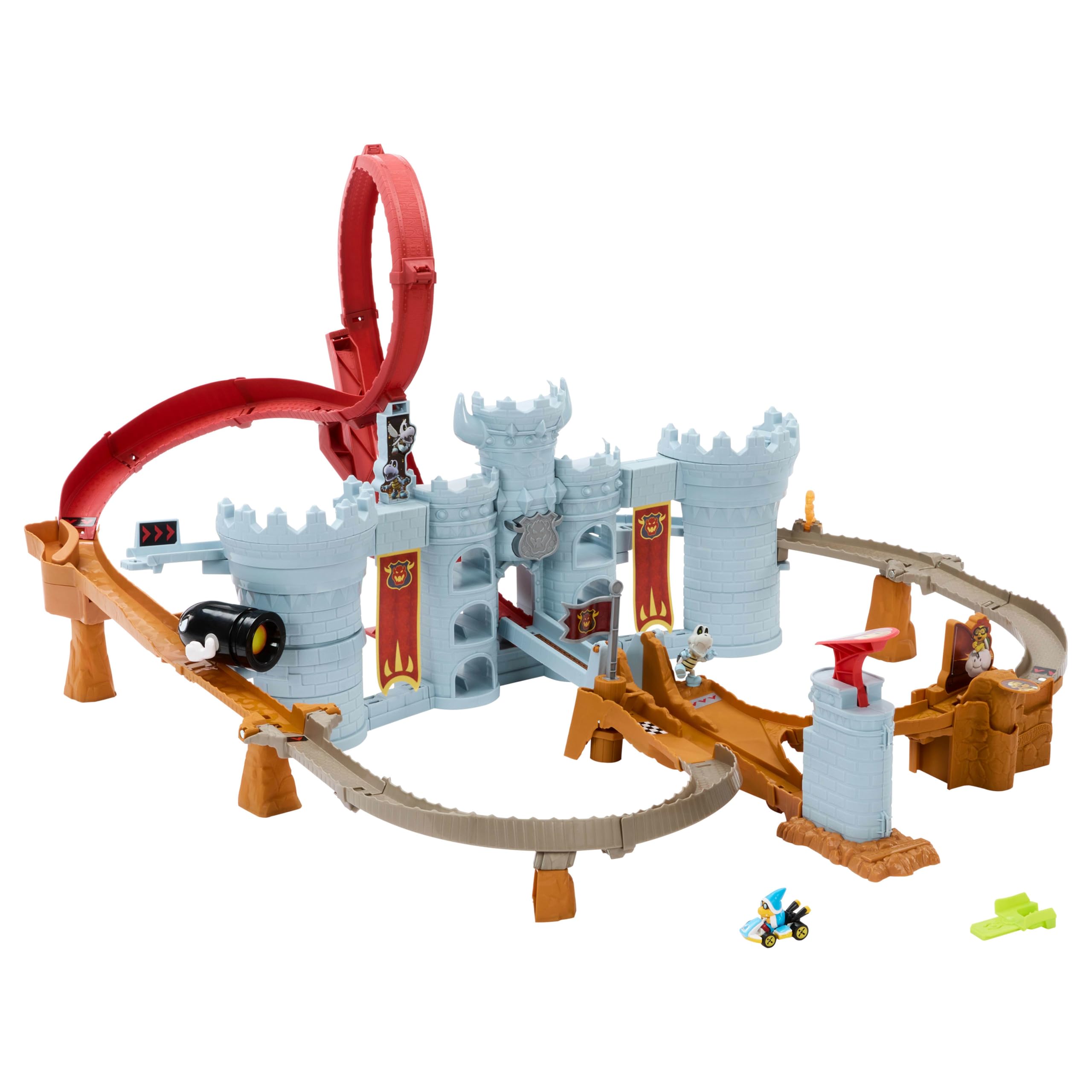 Hot Wheels Spielzeugauto Trackset Mario Kart Bowsers Festung Spielset & Die-Cast-Kamek im Maßstab 1:64, interaktives Spielen, mit Platz für über 30 Fahrzeuge, JHD24 | Spielzeugautobahn-Set mit 1:64 Maßstab Die-Cast Spielzeugkart, interaktives Spielen, mit