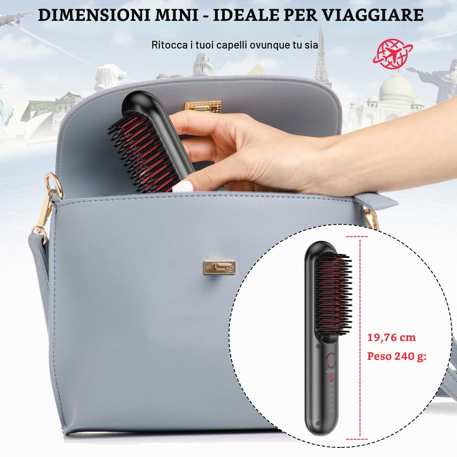 Spazzola Lisciante per Capelli, Senza Fili Mini Portatile Spazzola Elettrica Lisciante, Riscaldamento Rapido e Ricarica 140 – 200 ℃, 4 Impostazioni di Temperatura, per lisciare i capelli fini