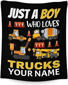 Personalized Construction Truck Blanket Gifts with Name - 60x80 Inches Funny Throw Blanket for Boys - Black Soft Fuzzy Excavator Blankets for Bed, Couch & Living Room