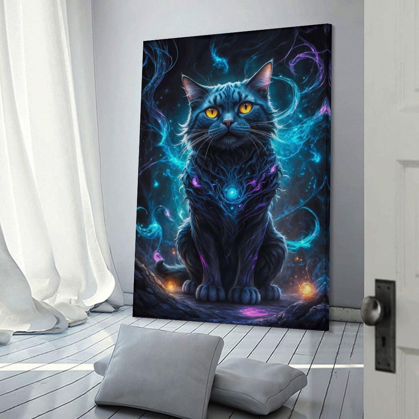 Junmoney Black Cat in Neon Space Room Decor Wall Art, 20x30inch(50x75cm), for Hallway, Lounge Or Guest Room, Gift Idea for Housewarming And Birthdays
