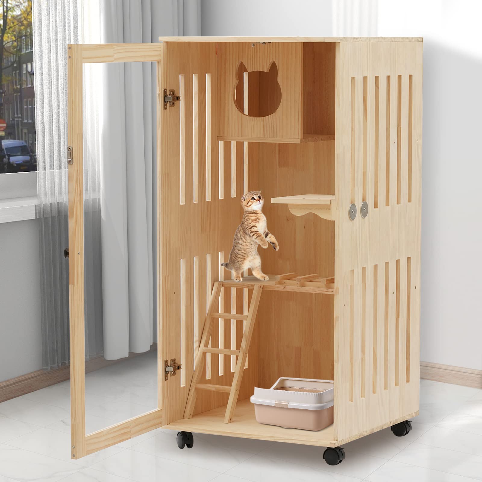 BOPRCSH Large Wooden Cat House for Cats, Multi-Feature Cat Condo Cat Cages Enclosures with Shelter and Cat Scratching Posts, Rolling Wooden Stray Cat Shelter (23.62 * 23.62 * 47.24 inches)