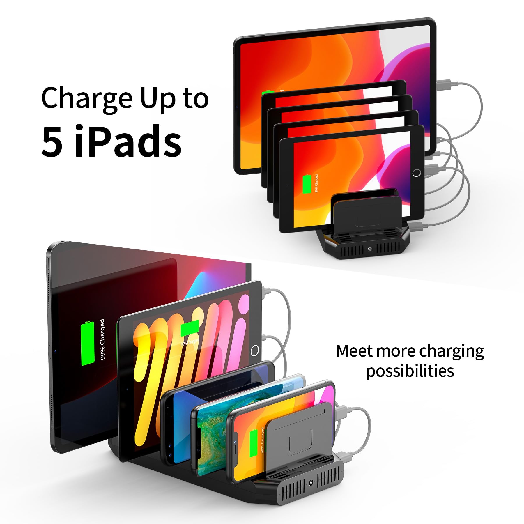Unitek - Estación de Carga (60 W, 10 Puertos, estación de Carga USB, multidispositivo, con separadores Ajustables y SmartIC, Compatible con teléfono, Tableta y más