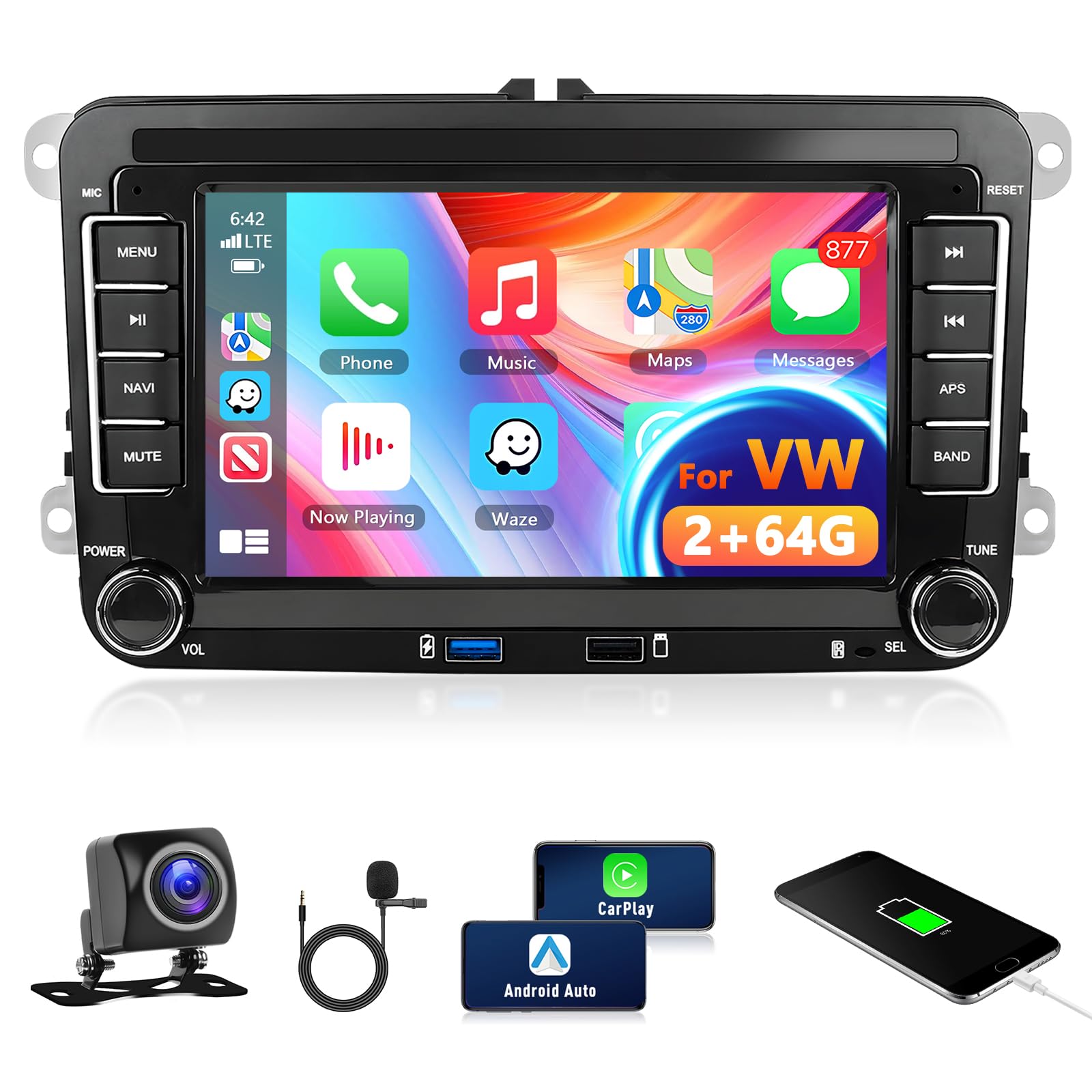 Autoradio pour VW Golf 5 Tiguan Touran Passat Polo Skoda Caddy Seat avec Carplay sans Fil Android Auto 2+64G 7" Écran Tactile Navi/WiFi/FM/RDS/SWC/Canbus/Bluetooth/EQ+Caméra AHD+Microphone