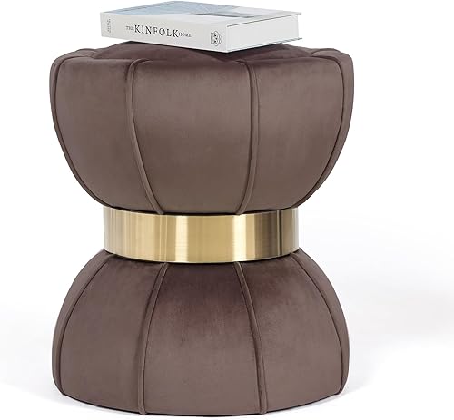 Joveco Juego de 2 otomanas redondas de terciopelo para almacenamiento, reposapiés tapizado, mesa auxiliar con banda tejida para sala de estar y