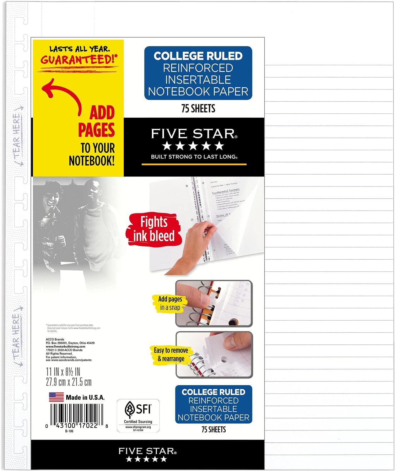 Five Star Insertable Loose Leaf Paper + Study App, 1 Pack, 3 Hole Punched, Reinforced Filler Paper, College Ruled to Add and Rearrange Pages in Spiral Notebook, 11-1/2" x 8", 75 Sheets/Pack (17022)