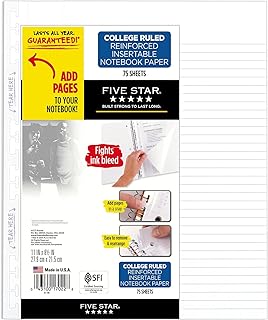 Five Star Papel de folha solta, papel de enchimento inserível para adicionar páginas em caderno espiral, pautado para faculdade, 29 x 20 cm, 75 folhas, reforçado, 1 pacote (17022)