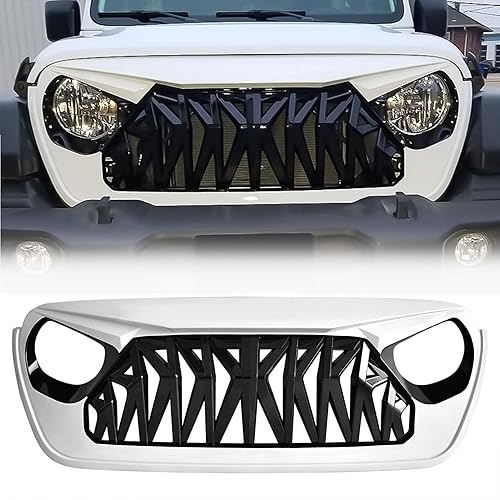 AMERICAN MODIFIED Shark Grille Compatible with Jeep 2018+ Wrangler JL and 2020+ Gladiator JT Models without TrailCam, Black/White
