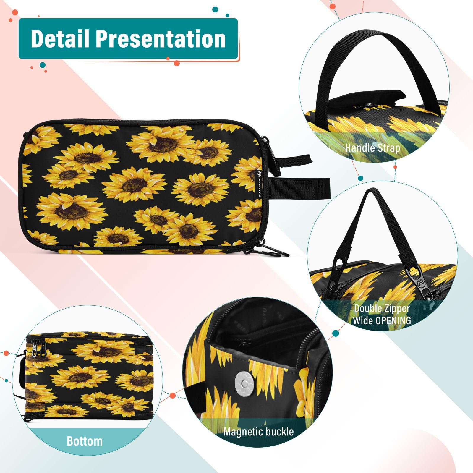 senya Sunflower Black Toiletry Bag Cosmetic Makeup Bag Organizer, Large Travel Bag for Women Men Toiletries Accessories Brushes Tools