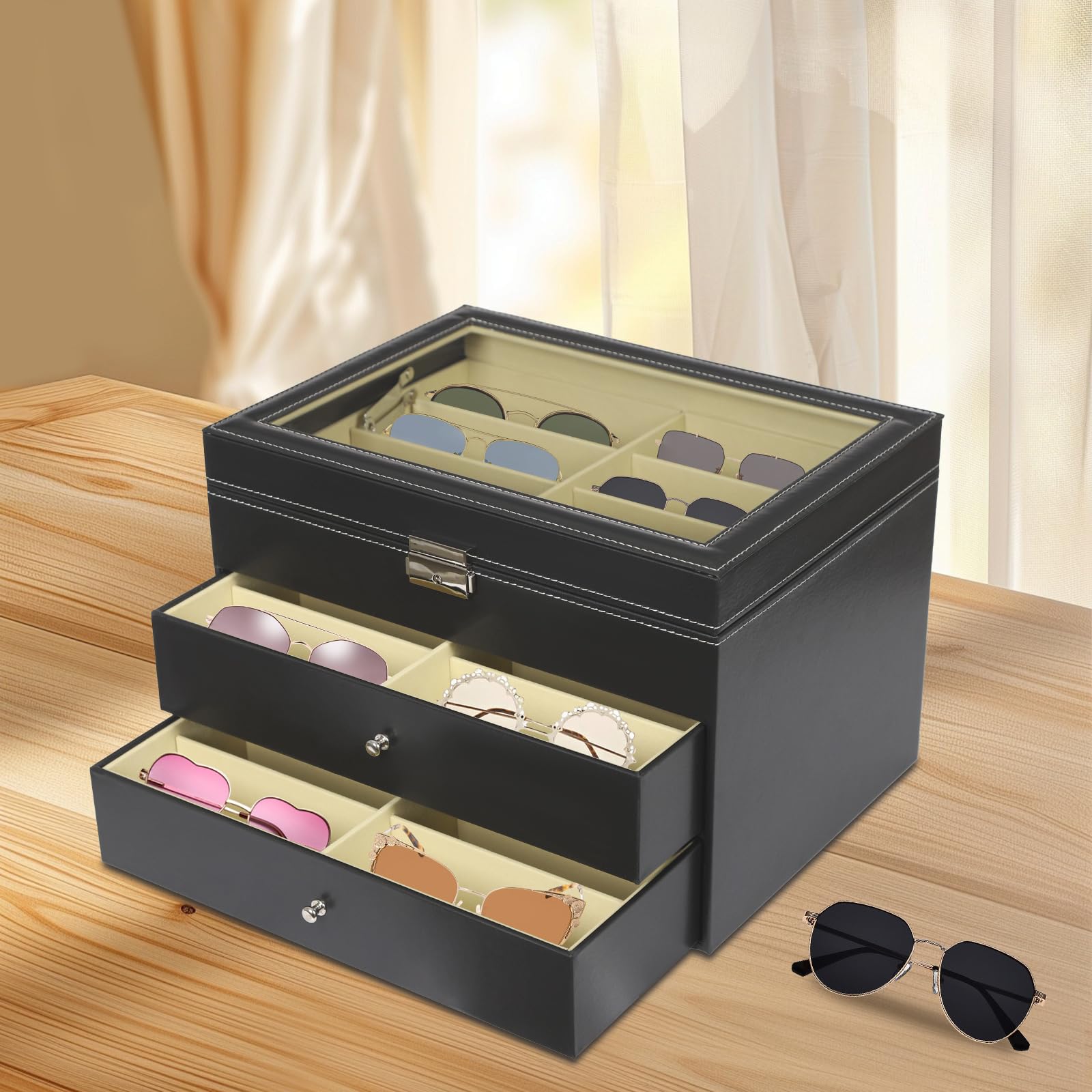 Brillenbox zur Aufbewahrung von 24 Brillen, Dreistufige Brillenkoffer mit Schloss und Schlüssel, Brillenkasten Brillenaufbewahrung für Sonnenbrille, Schwarz, 34 x 25 x 19 cm