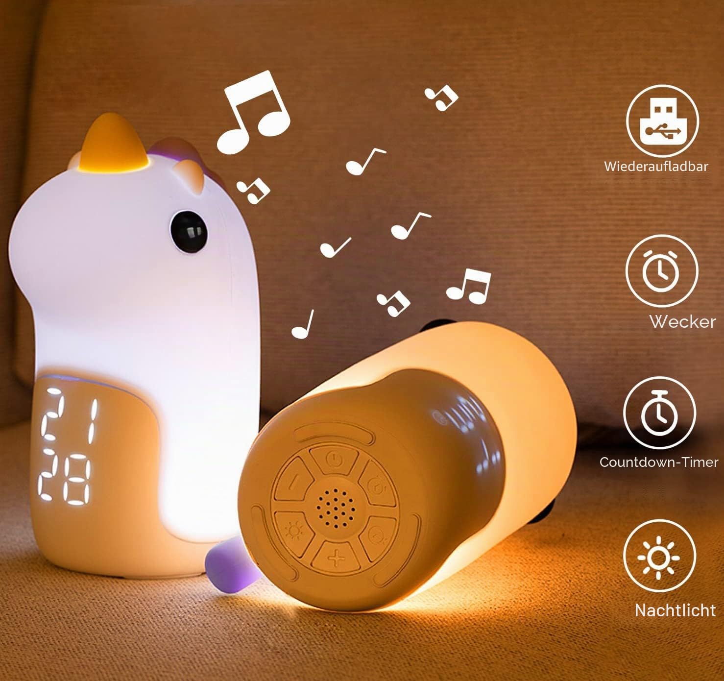 Kinder Wecker mit Licht, Kinderwecker mit Cute Einhorn Lichtwecker, Snooze Funktion, 3 Farben Wiederaufladbar Nachtlicht Dimmbar, Touch Control, Geschenk für Kinder Mädchen Jungen