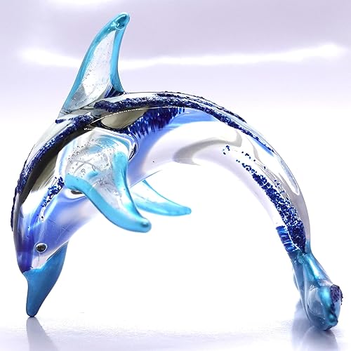 Figuras en miniatura de delfines animales soplados a mano, arte de vidrio, océano, regalo coleccionable, decoración del hogar, 4 pulgadas (azul)