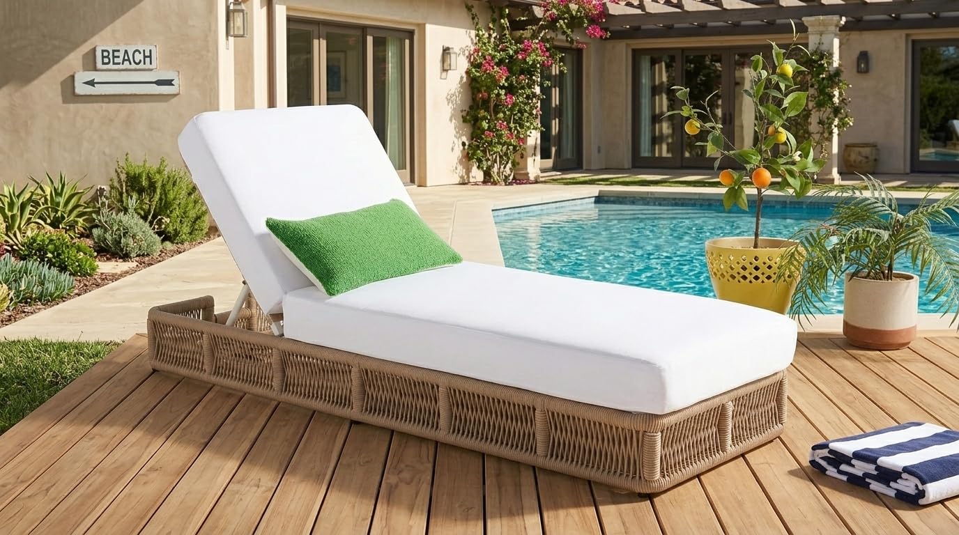 UF Outdoor Poolside Lounger with Adjustable Backrest Sun Chaise Recliner for Terrace Garden Poolside for Relaxation Durable and Stylish (White & Beige)-image-7